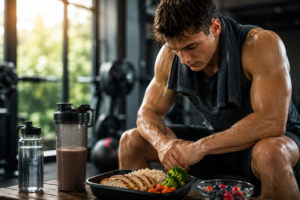 Muscular Man Sitting at Gym with Food
