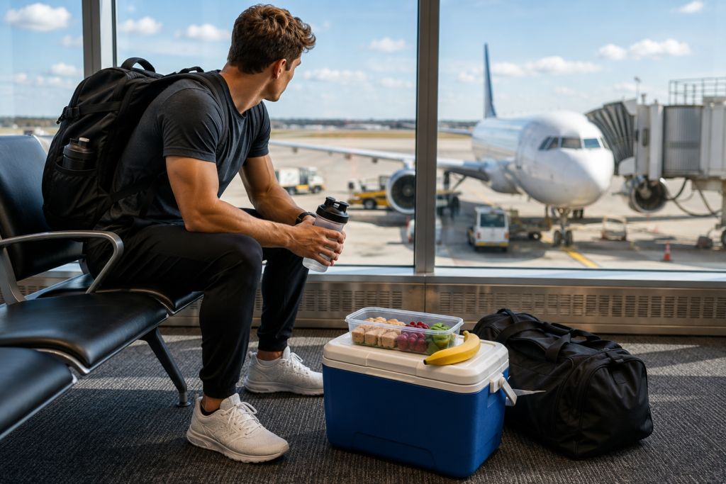 Athlete sitting at airport with snacks