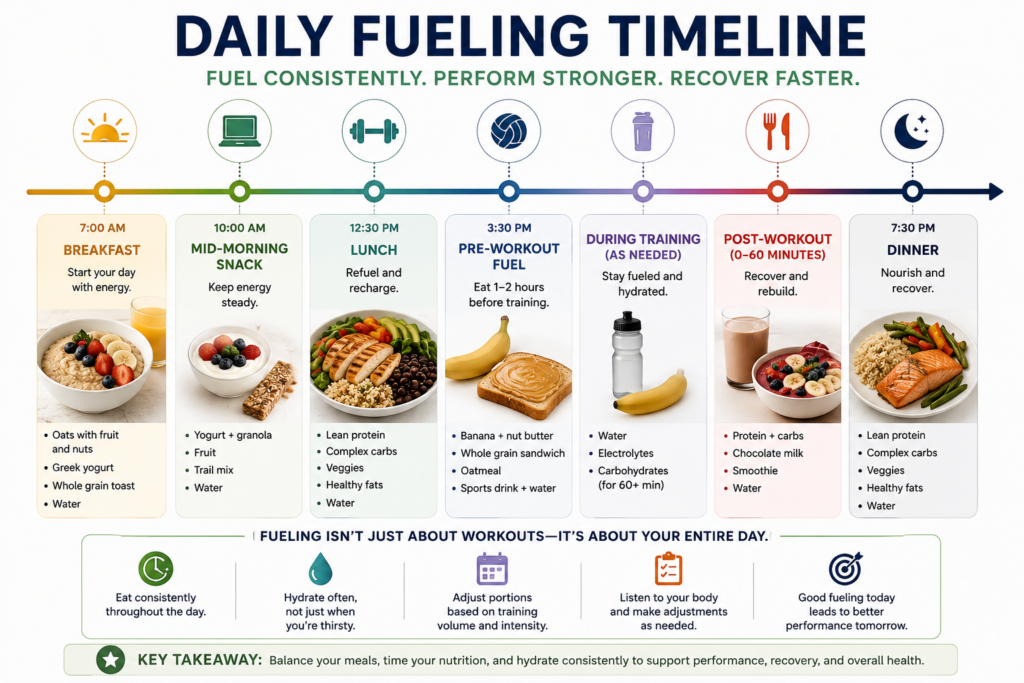 Daily fueling timeline for athletes showing breakfast, snacks, lunch, pre-workout fuel, hydration during training, post-workout recovery, and dinner.