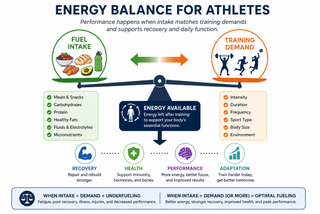 Energy balance for athletes showing how food intake and training demands influence energy availability, recovery, health, adaptation, and performance.