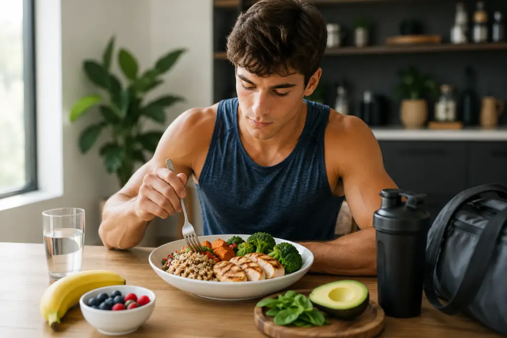 Athlete eating a balanced meal with carbohydrates, protein, healthy fats, fruit, and vegetables to support training energy needs.