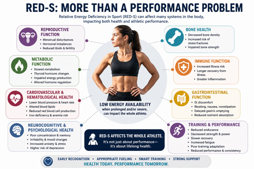 RED-S infographic showing how relative energy deficiency in sport can affect multiple body systems and athletic performance