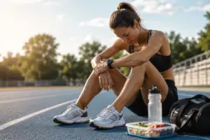 Female runner resting on a track after training with food and hydration nearby
