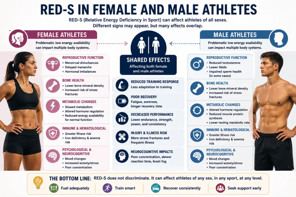 RED-S in female and male athletes showing reproductive, bone, metabolic, health, recovery, and performance effects