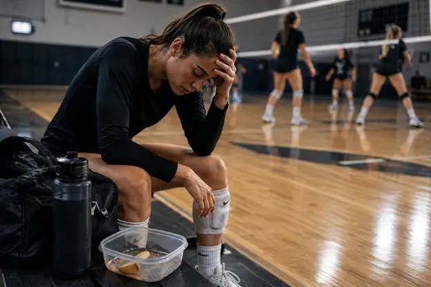 Athlete resting courtside after training with limited food available, representing inadequate fueling relative to training demands.
