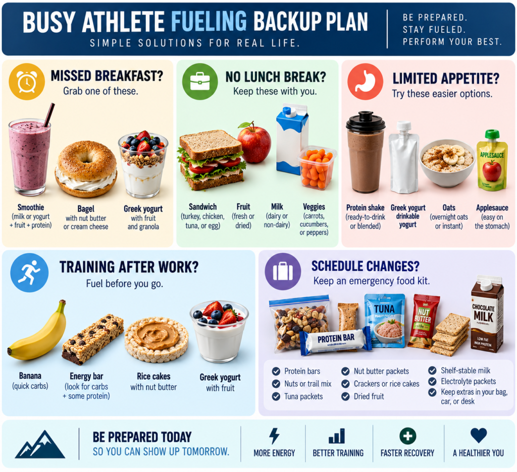 Quick meal and snack options to help busy athletes avoid missing fueling opportunities