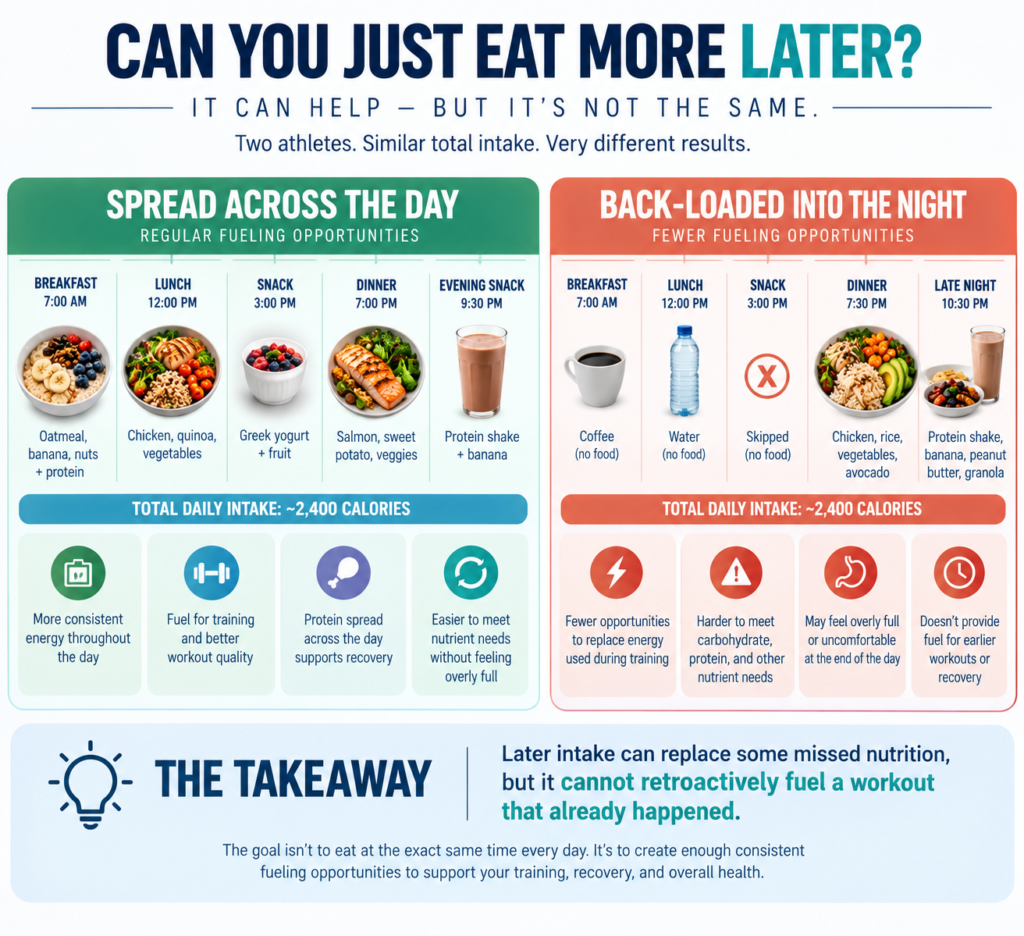 Comparison of nutrition spread throughout the day versus eating most food later at night for an athlete