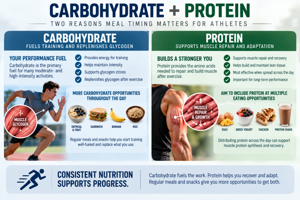 Infographic showing how carbohydrate supports training and glycogen while protein supports muscle repair and recovery