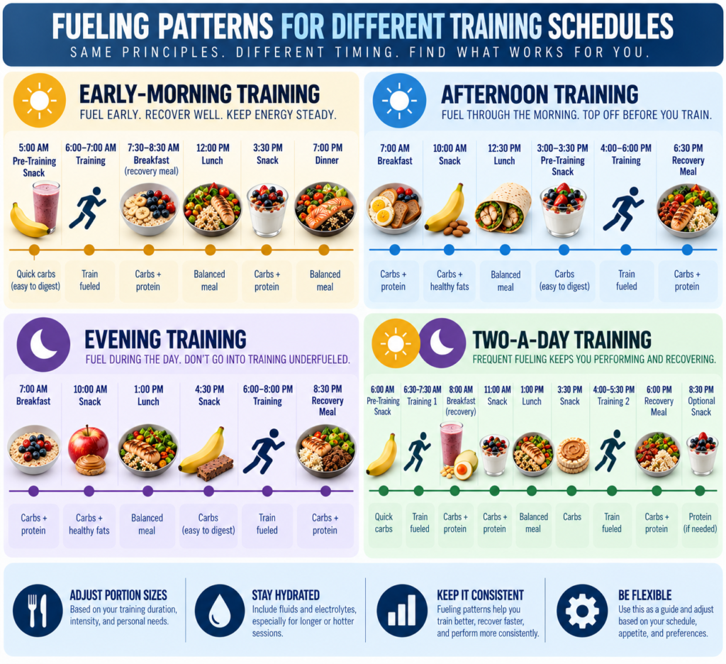 Example meal and snack timelines for early-morning, afternoon, evening, and two-a-day training schedules
