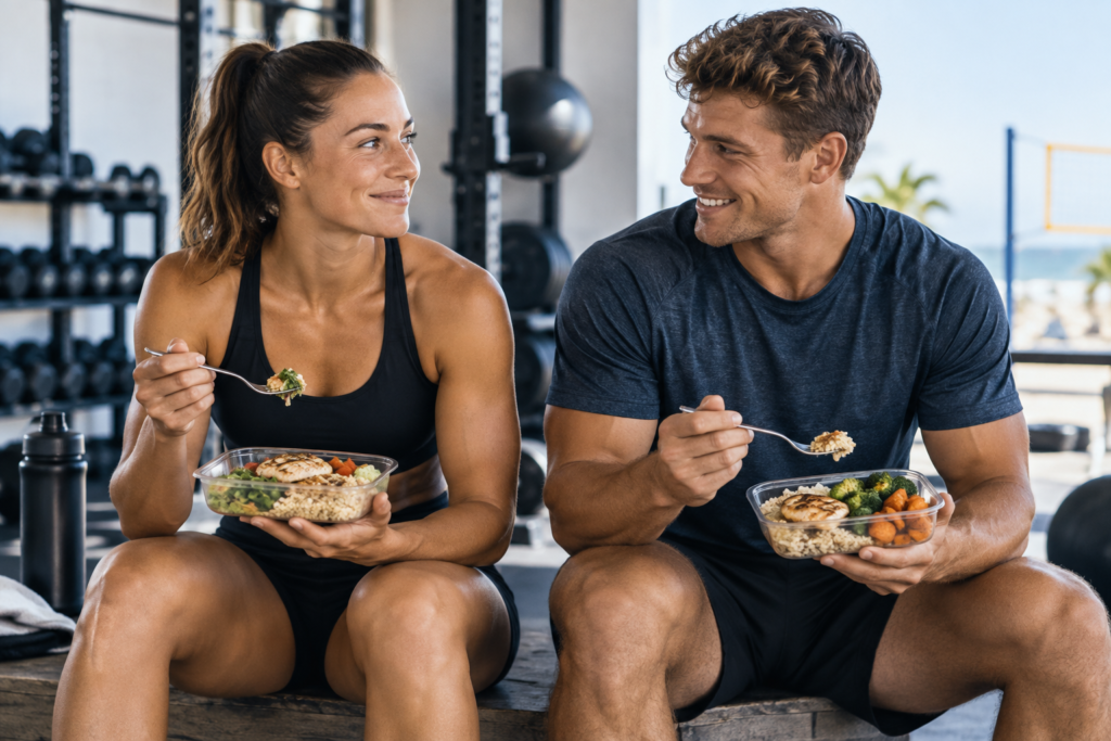 Male and female athletes eating balanced meals after training to support performance and body composition goals