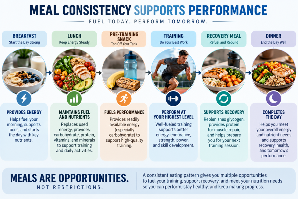 Athlete meal timeline showing breakfast, lunch, a pre-training snack, training, a recovery meal, and dinner